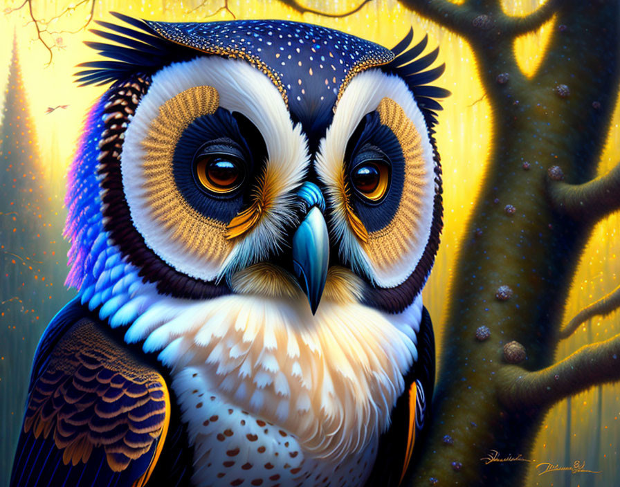 Detailed digital painting of owl with large eyes in mystical forest