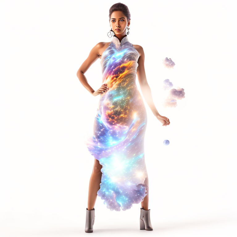 Woman in galaxy-print dress with statement earrings and grey boots