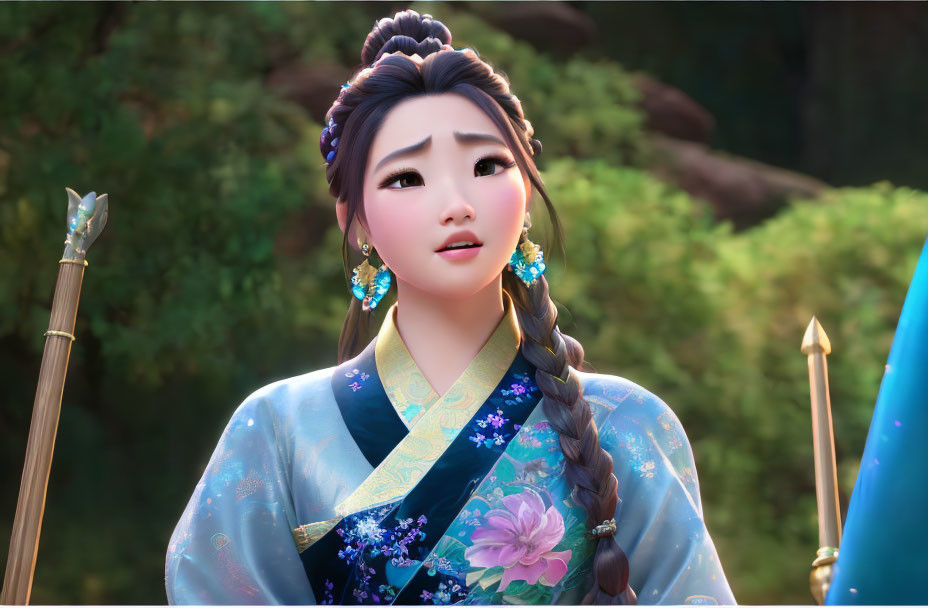 Traditional blue outfit with floral patterns on animated female character in concerned pose, surrounded by spears and soft