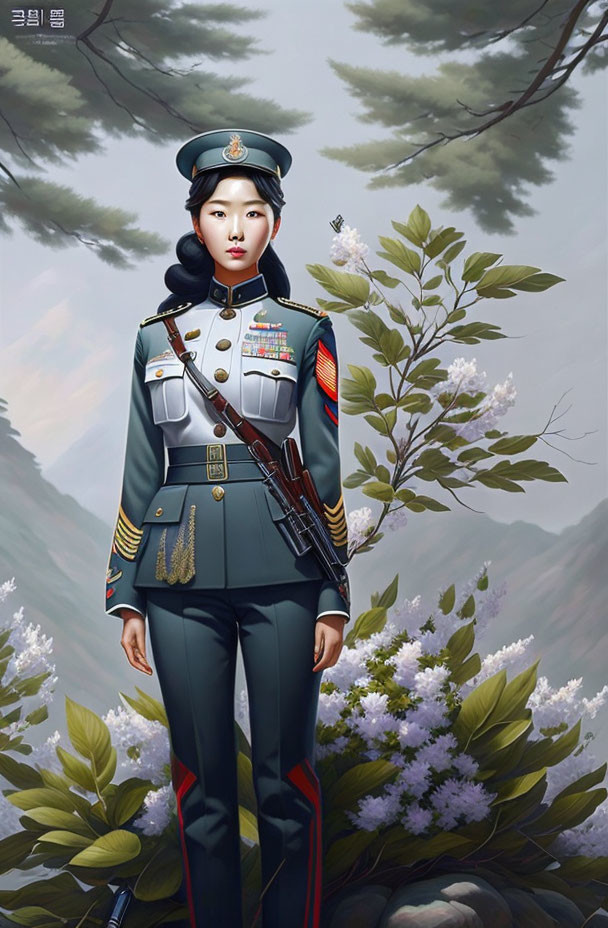 Detailed digital painting of woman in military uniform with rifle, surrounded by floral backdrop