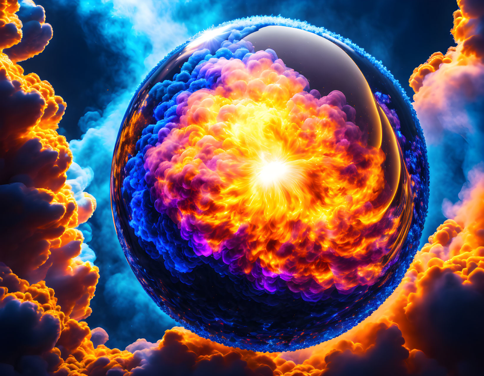 Colorful Digital Artwork: Luminous Sphere & Fiery Clouds on Deep Blue Background