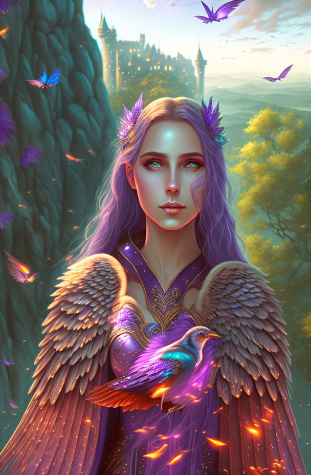 Fantasy artwork of woman with violet hair and angelic wings holding luminous bird in enchanted forest.