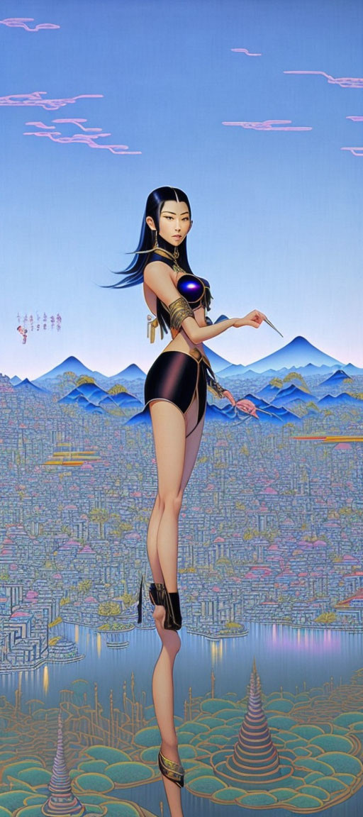 Stylized Woman with Long Black Hair in Futuristic Outfit Above Surreal Cityscape