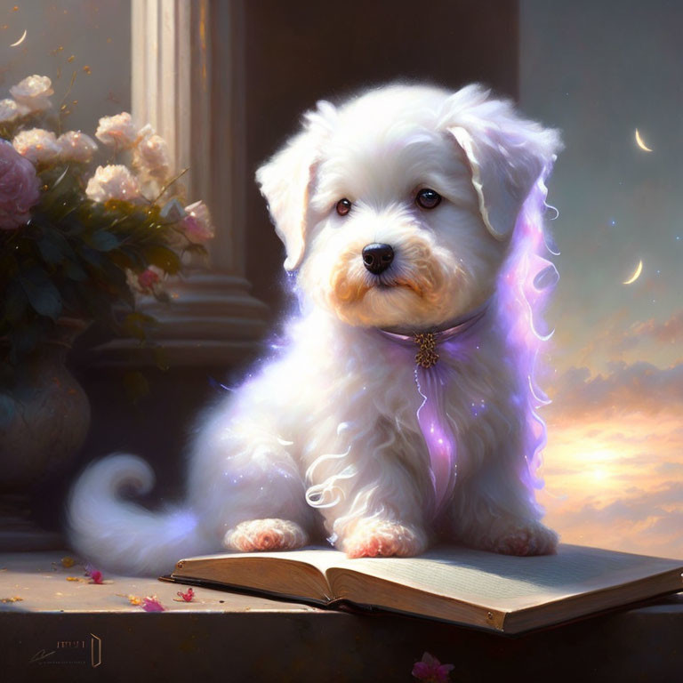 White Puppy with Purple Glow Beside Open Book and Blooming Flowers