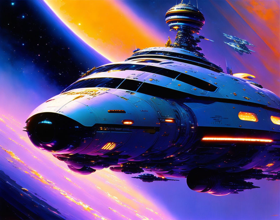 Vibrant Space Scene with Futuristic Spaceship Traveling Through Cosmos