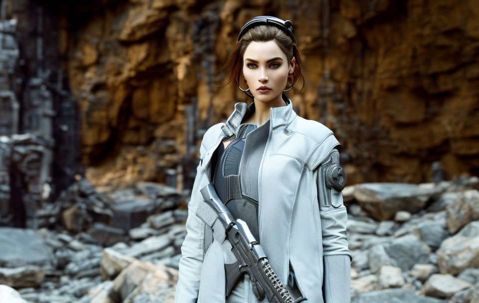 Futuristic armored woman with rifle in rocky setting