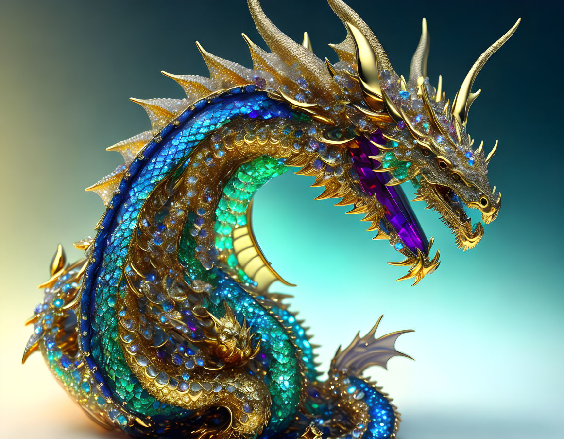 Detailed illustration: Golden-horned blue dragon with iridescent scales and purple crystal.