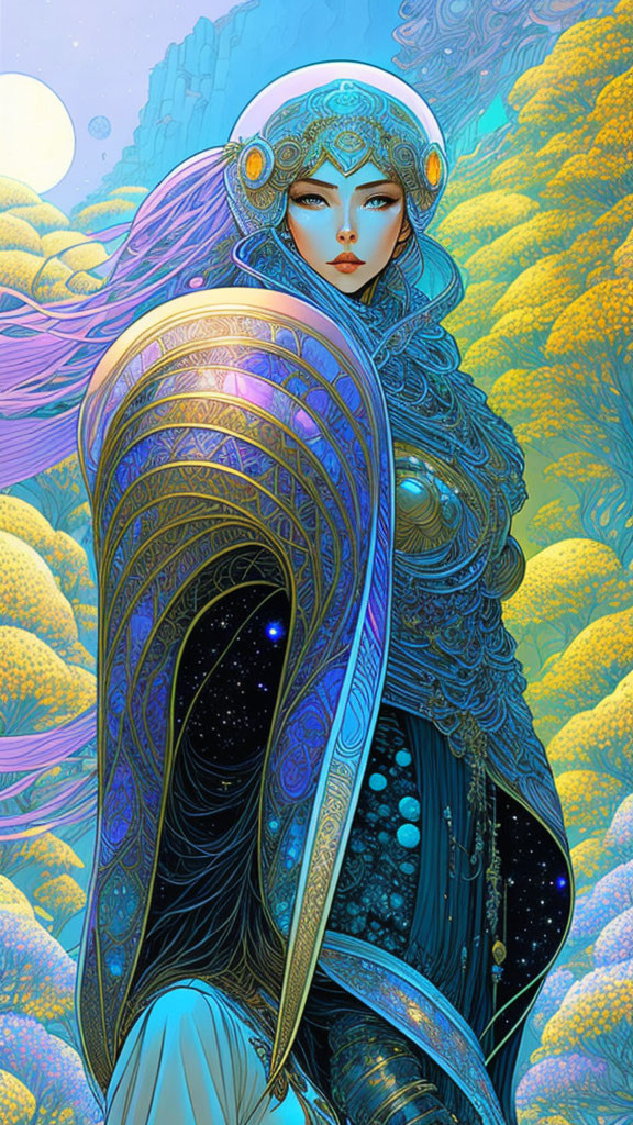 Fantastical female figure in silver armor and headdress against vibrant backdrop.