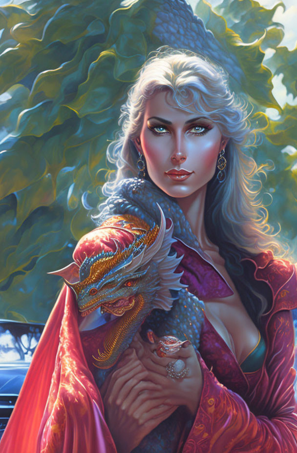 Fantasy illustration: Woman with blond hair holding red dragon in lush green setting