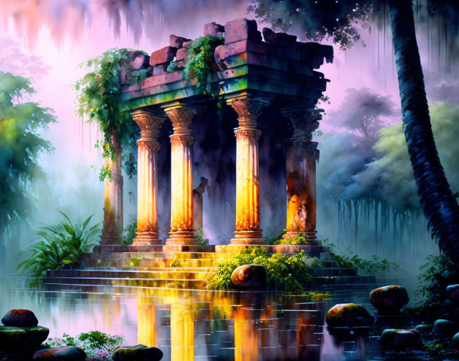 Ethereal digital artwork of ancient temple in mystical forest