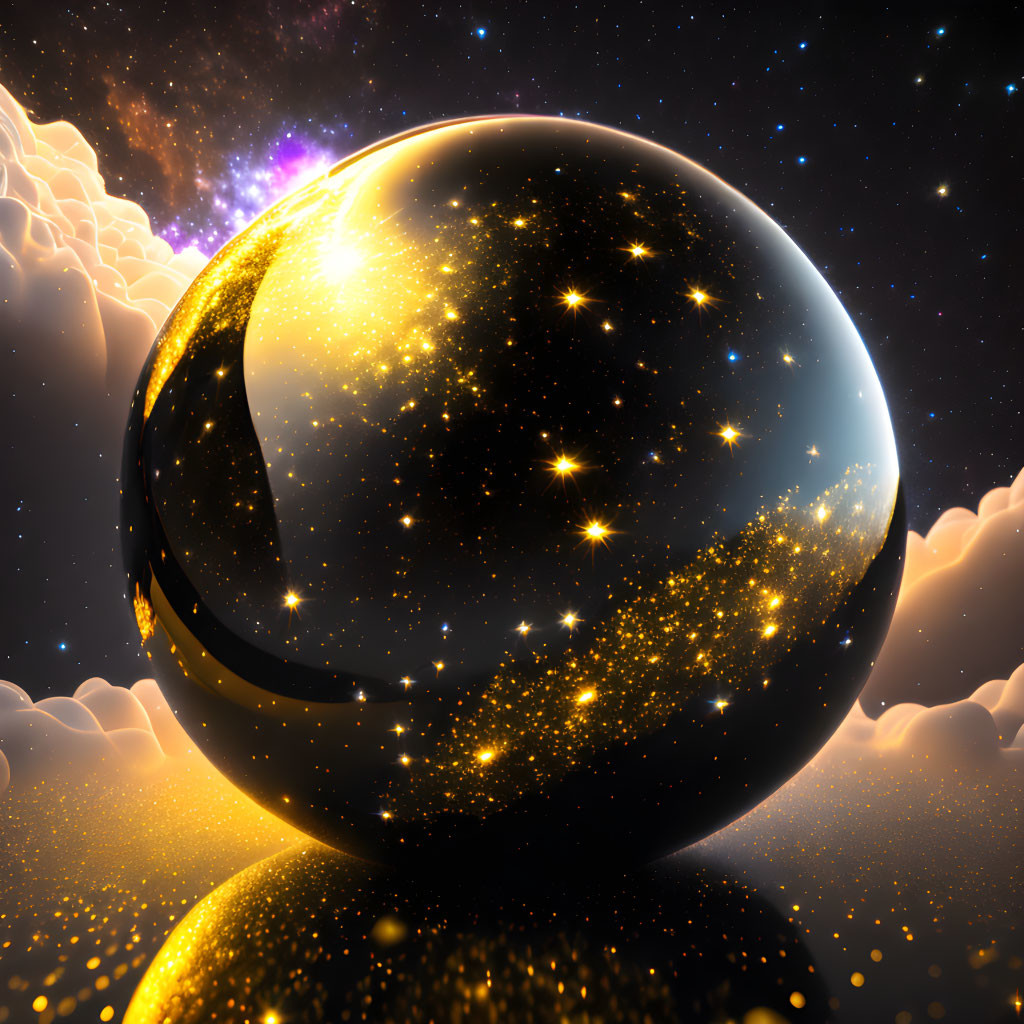 Reflective sphere amidst stars and clouds in cosmic setting