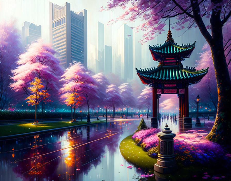 Traditional Asian pagoda in serene park with cherry blossoms and modern skyscrapers