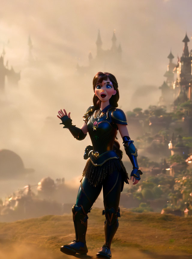 Animated female character in armor waving against fantasy landscape with castles and misty sunrise