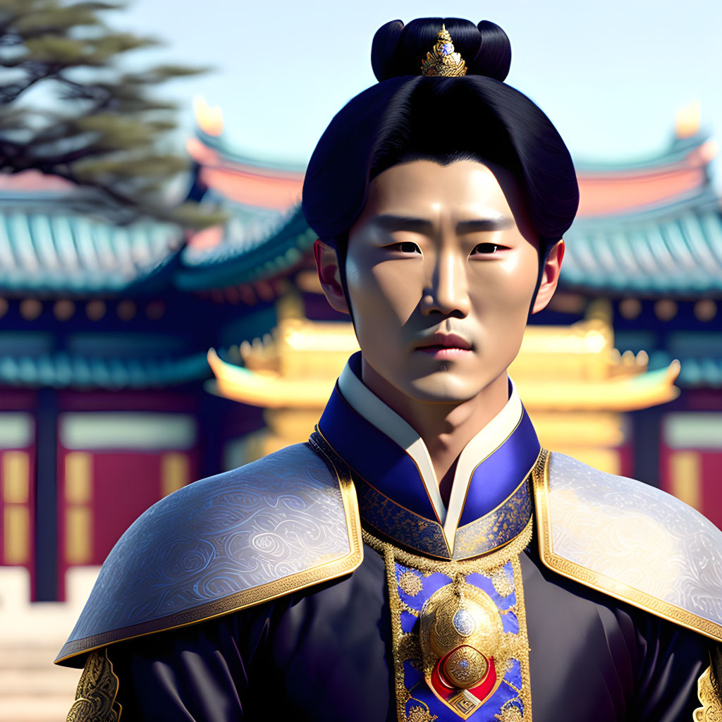 Digital artwork of man in traditional Korean royal attire with historical palace.