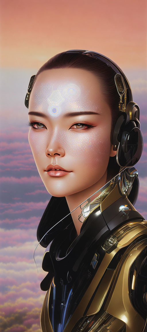 Female with cybernetic enhancements in black and gold armor against surreal pink sky