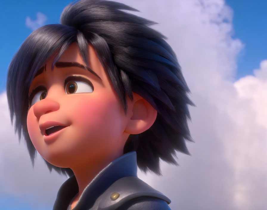 3D Animated Character with Black Hair and Brown Eyes Looking Up in Blue Sky and Clouds