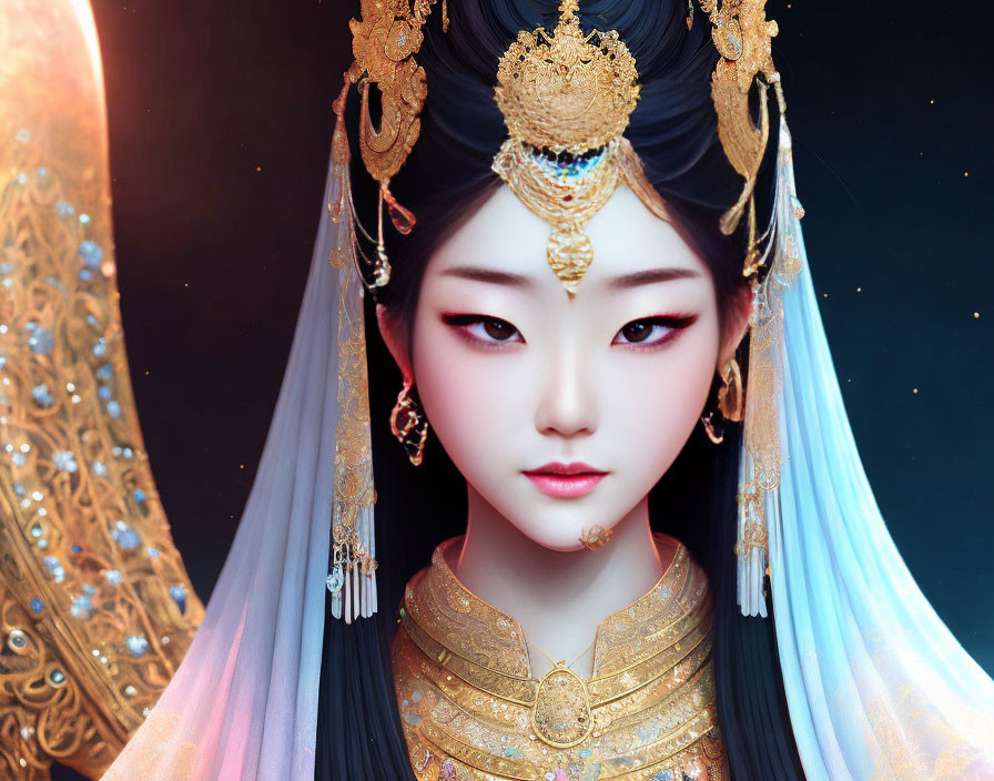 Elaborate East Asian-inspired digital artwork of a woman with gold jewelry and intricate headdress