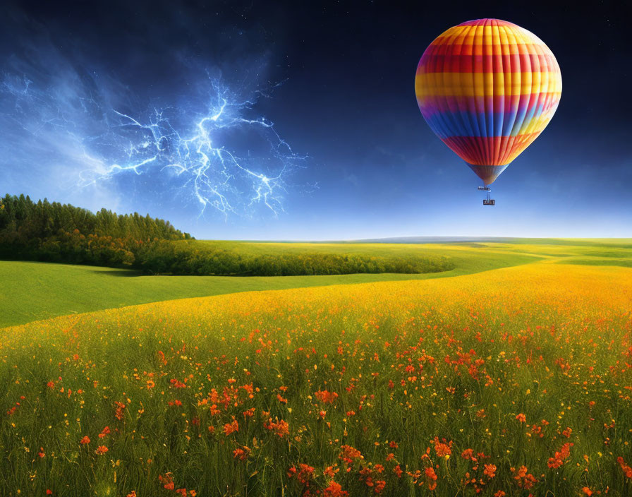 Vibrant hot air balloon over colorful flower field with lightning sky