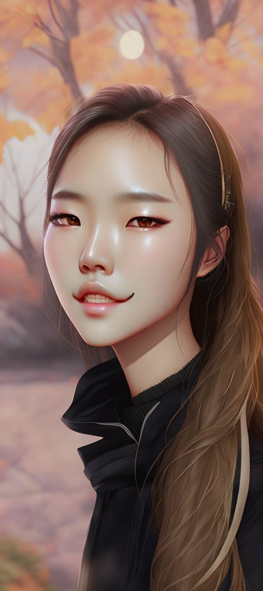 Digital Artwork: Woman with Expressive Eyes in Autumn Setting