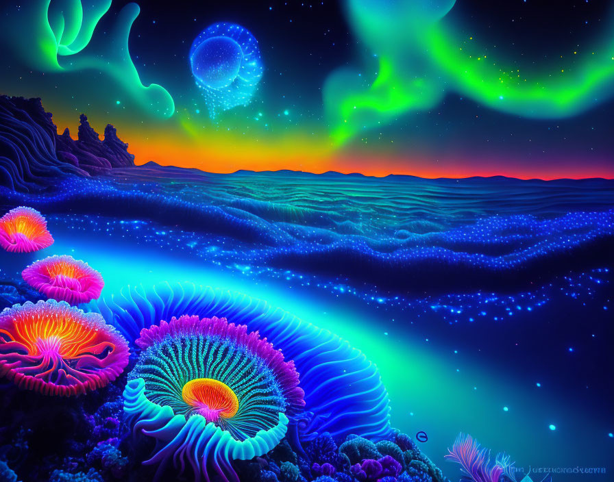 Ethereal landscape with bioluminescent mushrooms & northern lights