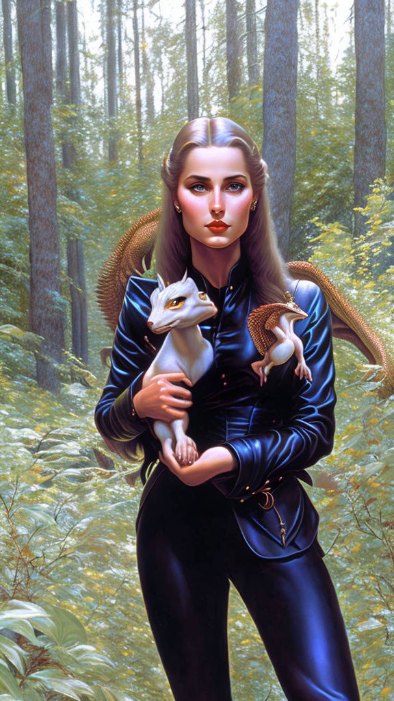 Digital painting of woman in black outfit with mythical white creature in forest