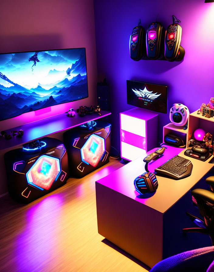 Vibrant RGB Gaming Setup with Neon Lights and Multiple Monitors