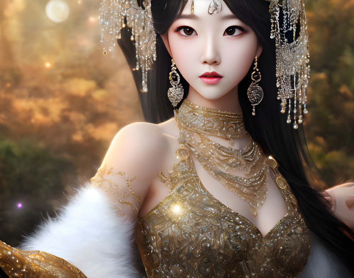 Illustrated woman adorned in gold jewelry against forest backdrop