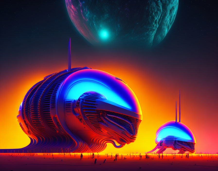 Alien structures on glowing orange landscape with planet and moon.