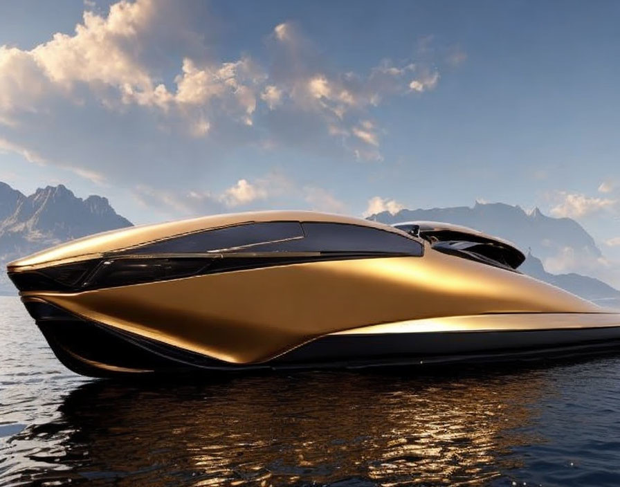 Golden yacht on calm waters with mountains and cloudy sky