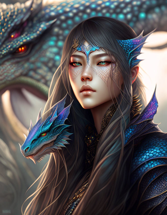 Elf-like woman with dragon headpiece posing with blue dragon in mystical scene