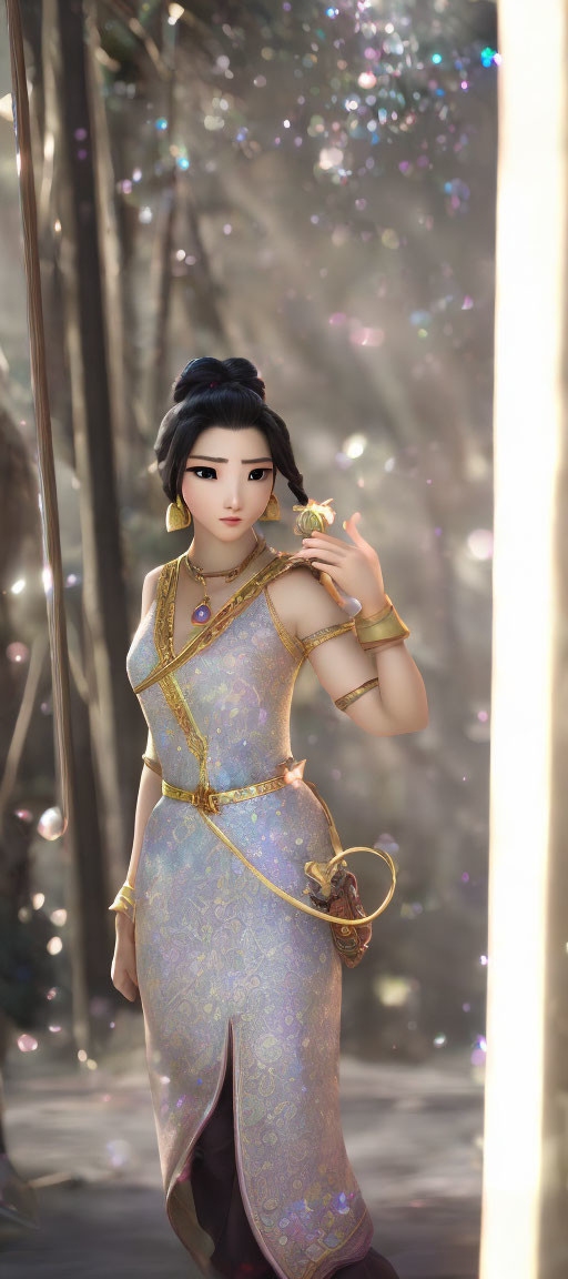 Elegant traditional Asian outfit in enchanted forest