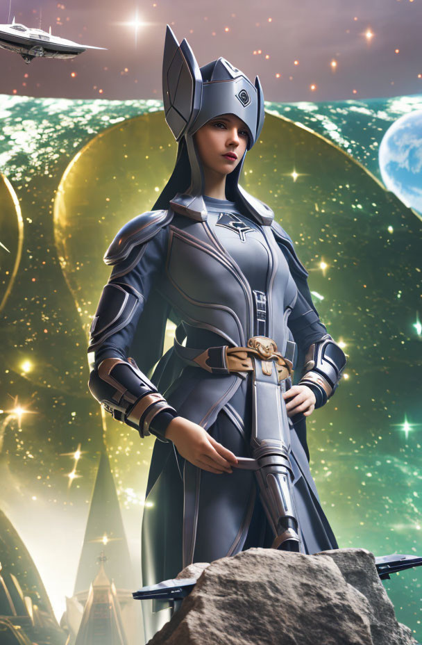 Futuristic female knight in sleek armor against cosmic backdrop