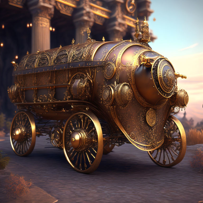 Intricate Steampunk Carriage with Golden Embellishments