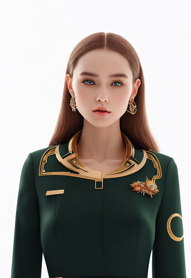 Digital rendering of woman with brown hair, blue eyes, green dress, gold trim, and intricate earrings