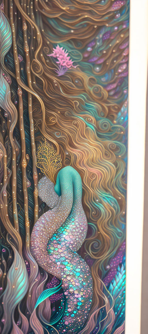 Detailed Mermaid Artwork with Shimmering Tail and Aquatic Patterns