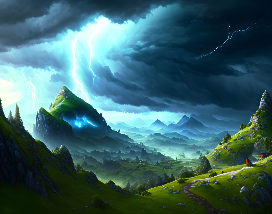 Thunderstorm illuminates mountain landscape with lightning.