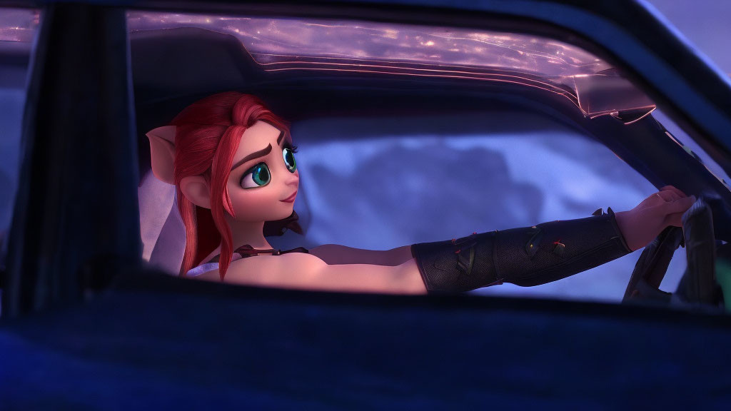 Red-haired elfin-eared character with green eyes driving car at twilight