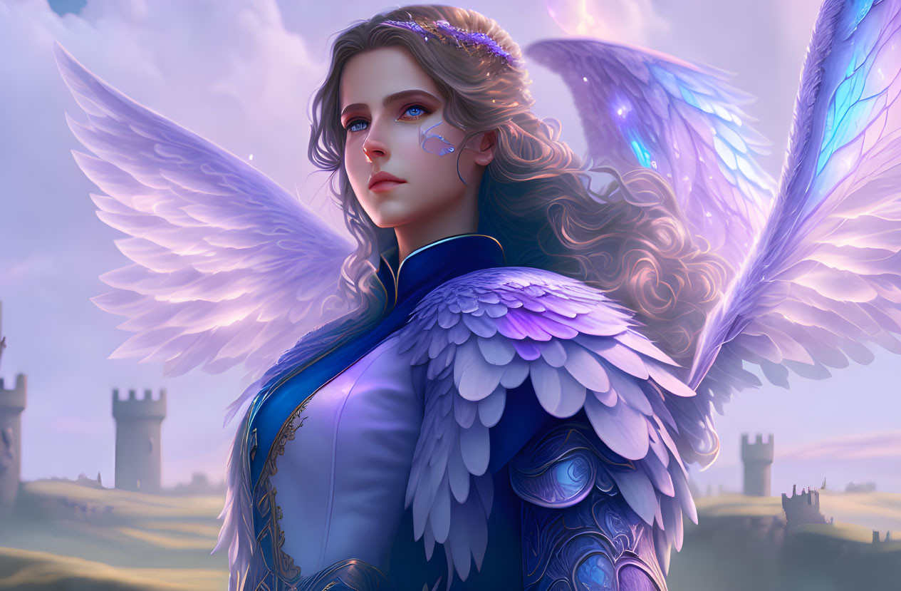 Fantasy angel with blue wings in regal outfit against castle backdrop