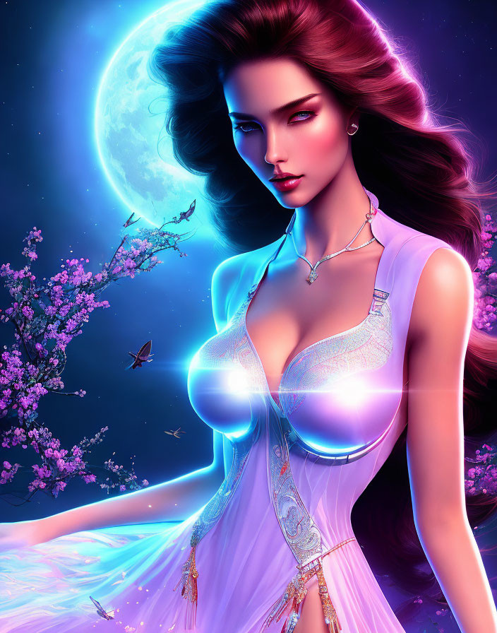 Digital illustration of woman with flowing hair, glowing dress, under moonlit sky with cherry blossoms and