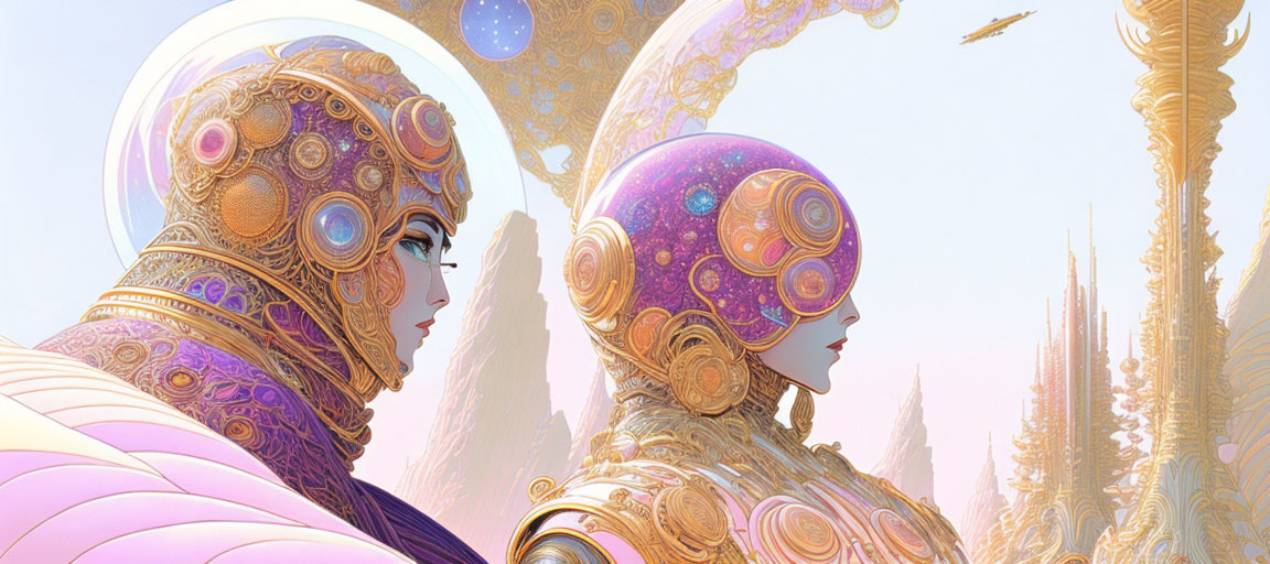 Futuristic robotic figures in ornate golden landscape