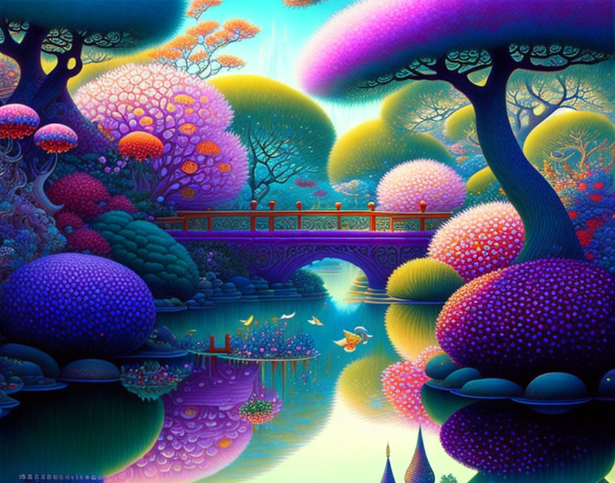 Colorful Fantasy Landscape with Whimsical Trees, Bridge, Koi Fish, and Starry Sky