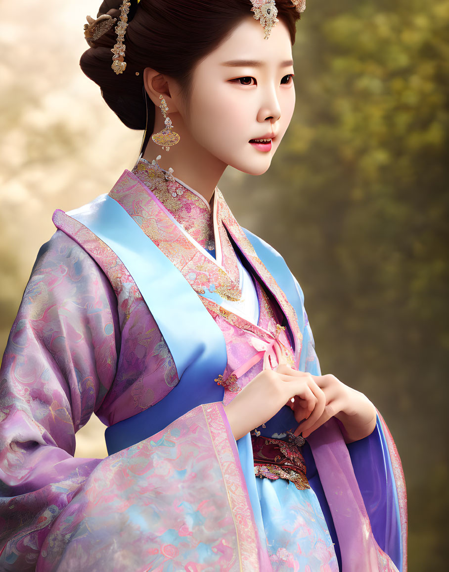 Traditional Korean Hanbok Fashion with Intricate Hair Ornaments and Delicate Makeup