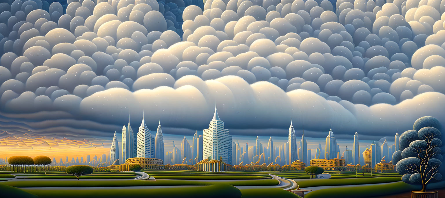 Surreal landscape with fluffy clouds and futuristic skyscrapers