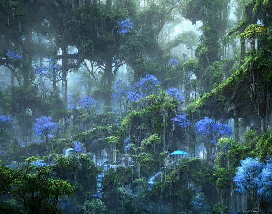 Misty forest with blue flowers, waterfalls, and moss-covered trees