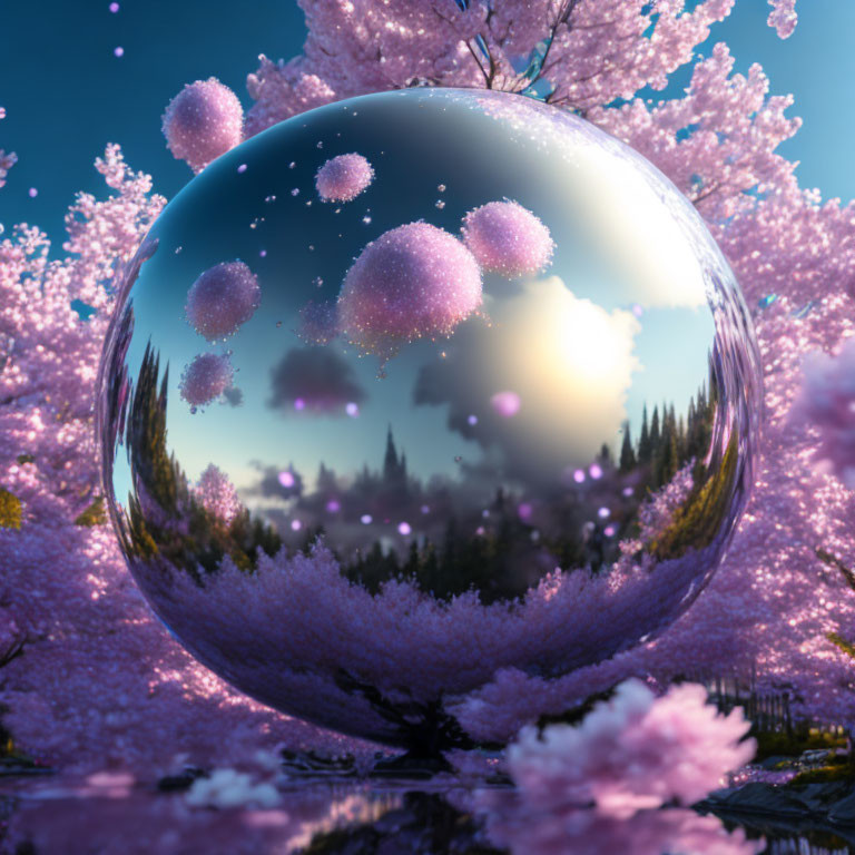 Reflective sphere with cherry blossoms in twilight sky