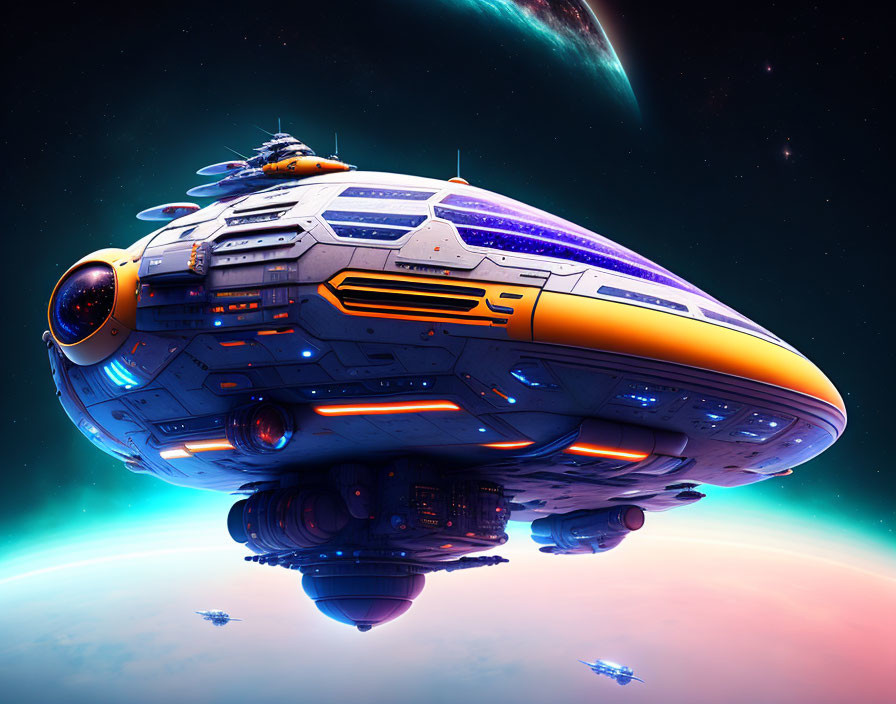 Detailed futuristic spaceship in vibrant cosmic space