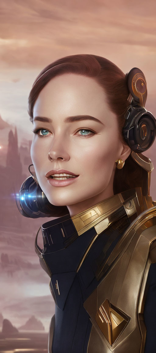 Futuristic female character in high-tech headset and blue-collar uniform against sunset backdrop