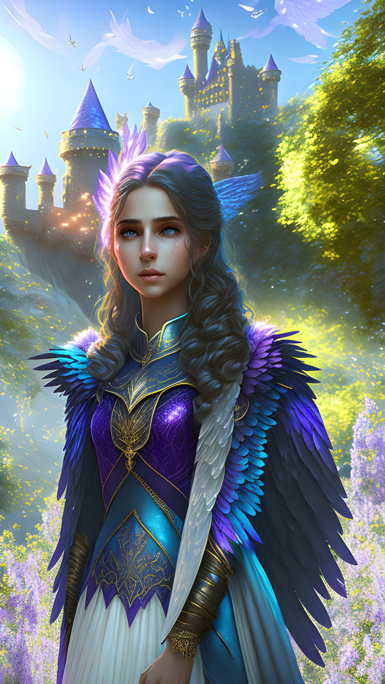 Fantasy artwork of woman with feathered attire and glowing castle.