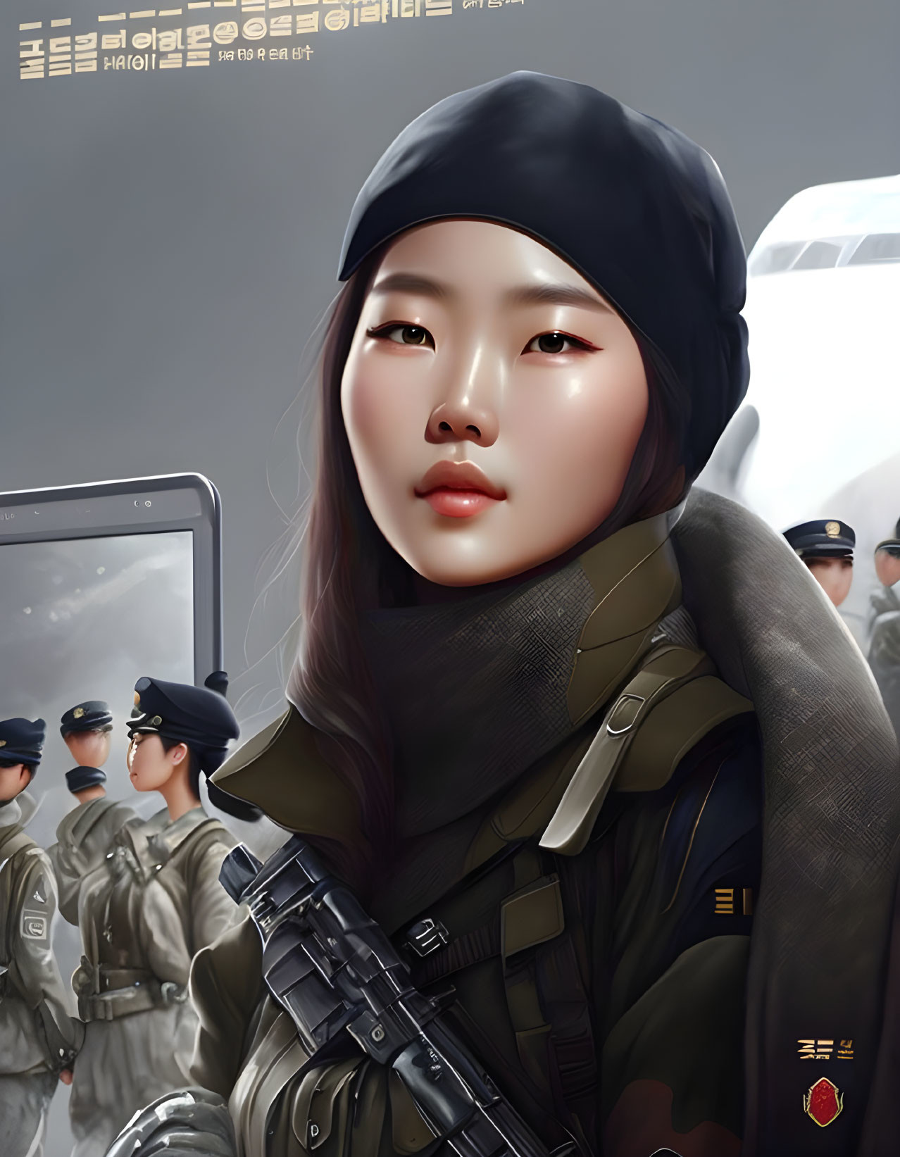 Digital illustration of Asian female soldier with beret, scarf, and firearm against blurred troop background