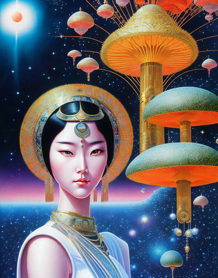 Traditional East Asian attire woman in cosmic landscape with futuristic pagodas